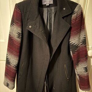 Paper Crane Black Trench Coat with Red Patterned Sleeves
